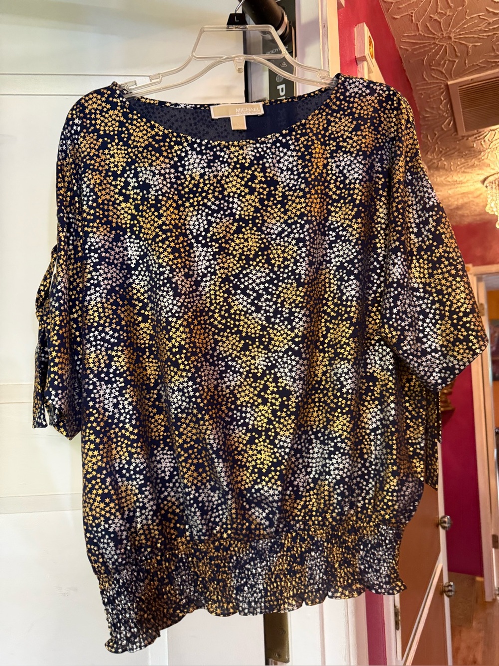 Michael Kors Navy Blouse with Gold and White Dot Print